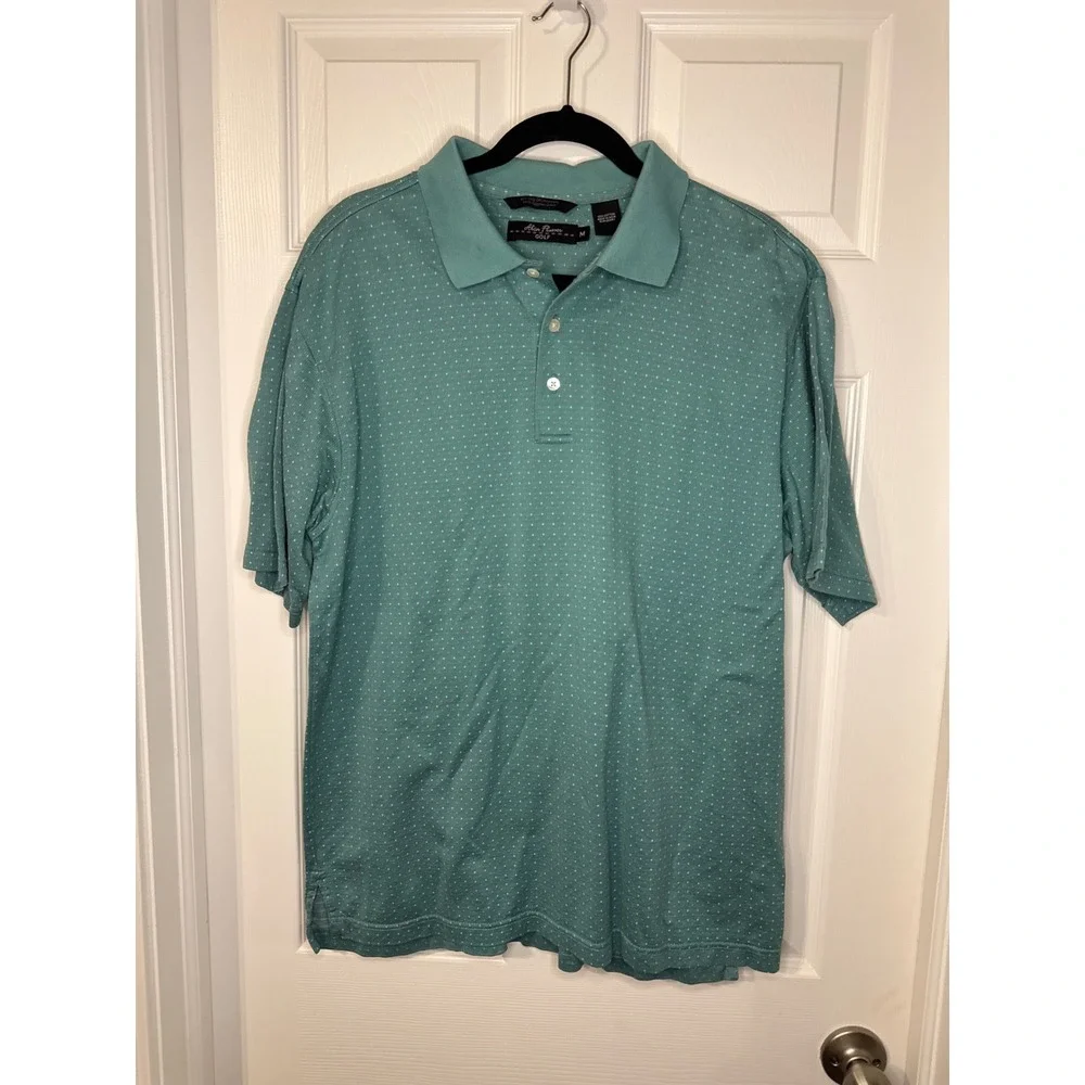 100% Cotton Alan Flusser Golf Polo Mens Medium Teal Micro Dot Short Sleeve